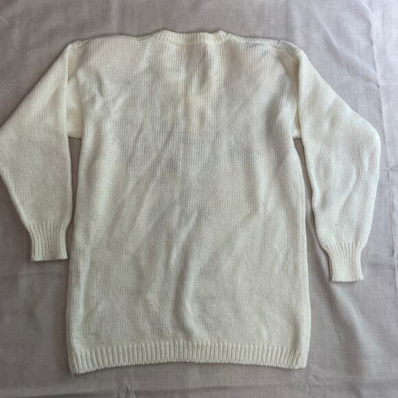 Vintage Knit Sweater Womens Size Medium M Cream Gold Metallic V Neck Beaded 90s - Picture 4 of 8